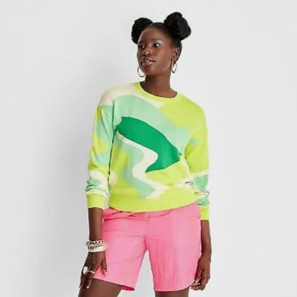 Future Collective Sweaters - Future Collective Abstract Oversized Crewneck Sweater - Yellow/Green Size Large